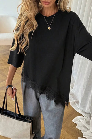 Lace Asymmetrical Hem Round Neck T-shirt in Black, model styling view