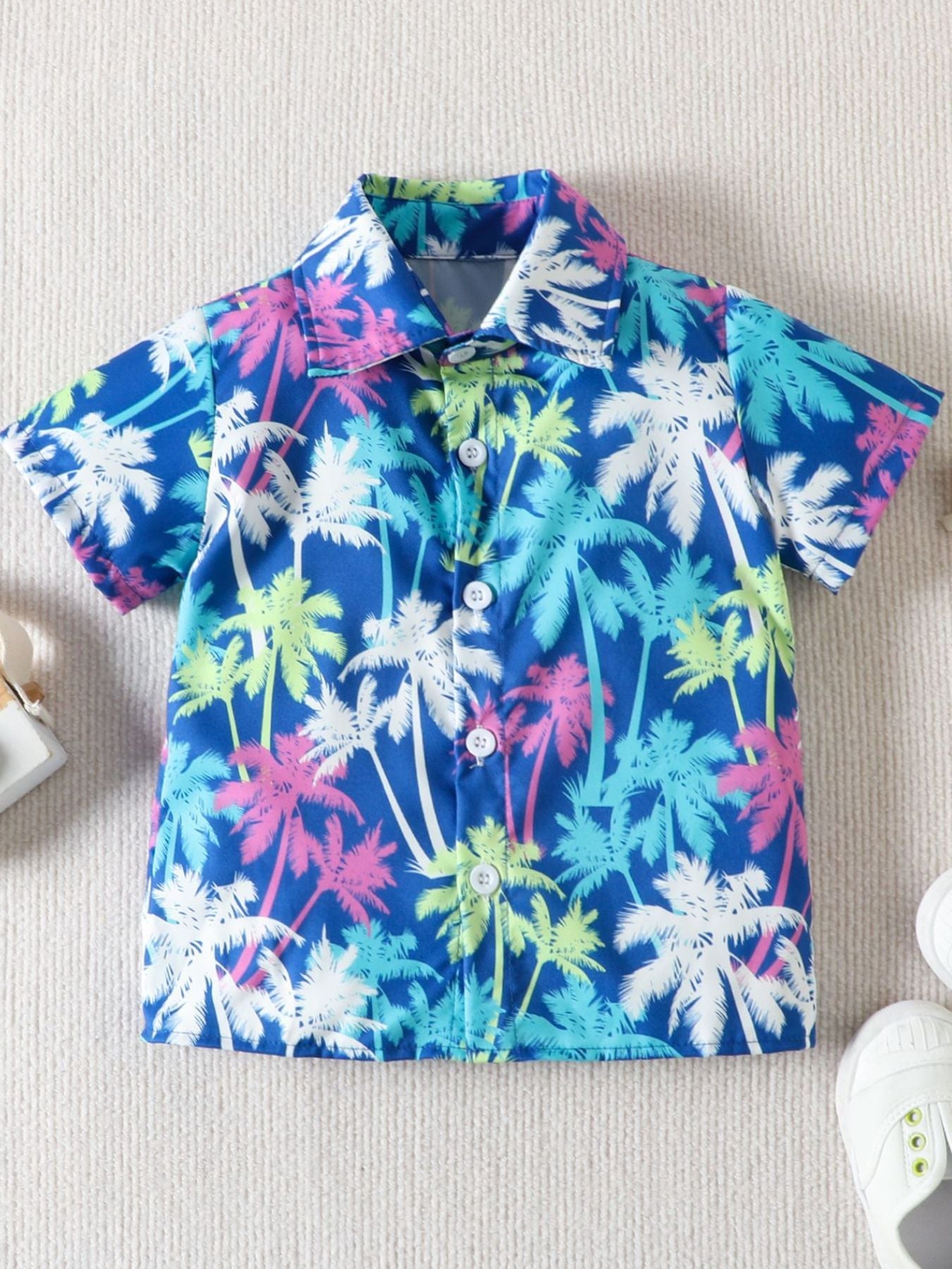 Toddler blue collared cotton shirt with colorful palm tree print
