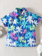Toddler blue collared cotton shirt with colorful palm tree print