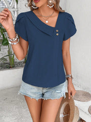 Dark blue asymmetric collar blouse with button detail and short sleeves