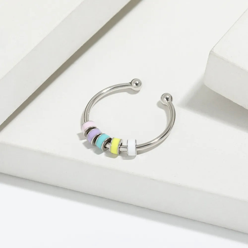 Open-band ring with pastel chromatic beads on 925 sterling silver band
