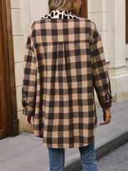 Camel plaid shacket with leopard collar detail, long sleeves, and button cuffs.