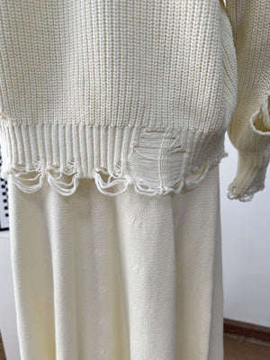 Off white distressed cotton sweater set with deconstructed hem detail
