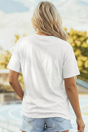 White polyester t-shirt with short sleeves and a crew neck, shown from the back.