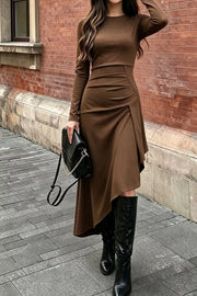 Ruched Asymmetrical Hem Long Sleeve Dress in Brown, fabric detail