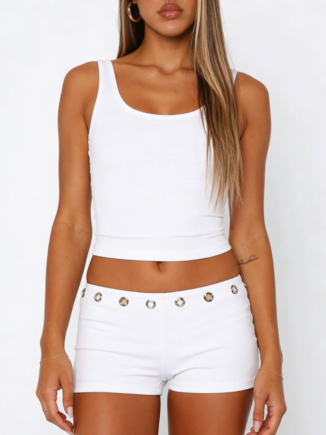 White ribbed wide strap tank top and shorts set with grommet detail
