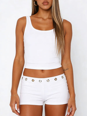 White ribbed wide strap tank top and shorts set with grommet detail