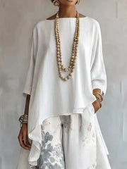 Asymmetrical Hem Top And Floral Pants Set, side view