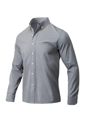 Gray Oxford button-down shirt with a relaxed fit and button-down collar.
