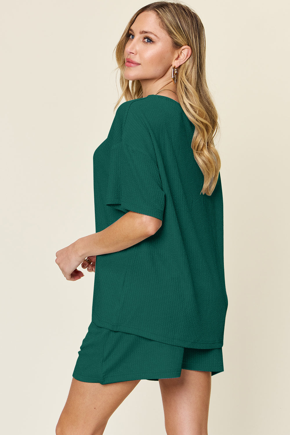 Deep Teal waffle knit boxy tee and shorts set with short sleeves.