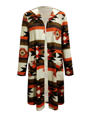 Southwestern print hooded maxi cardigan with pockets in multicolor.