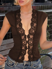Brown sheer vest with lace trim and button details, V-neck, cropped