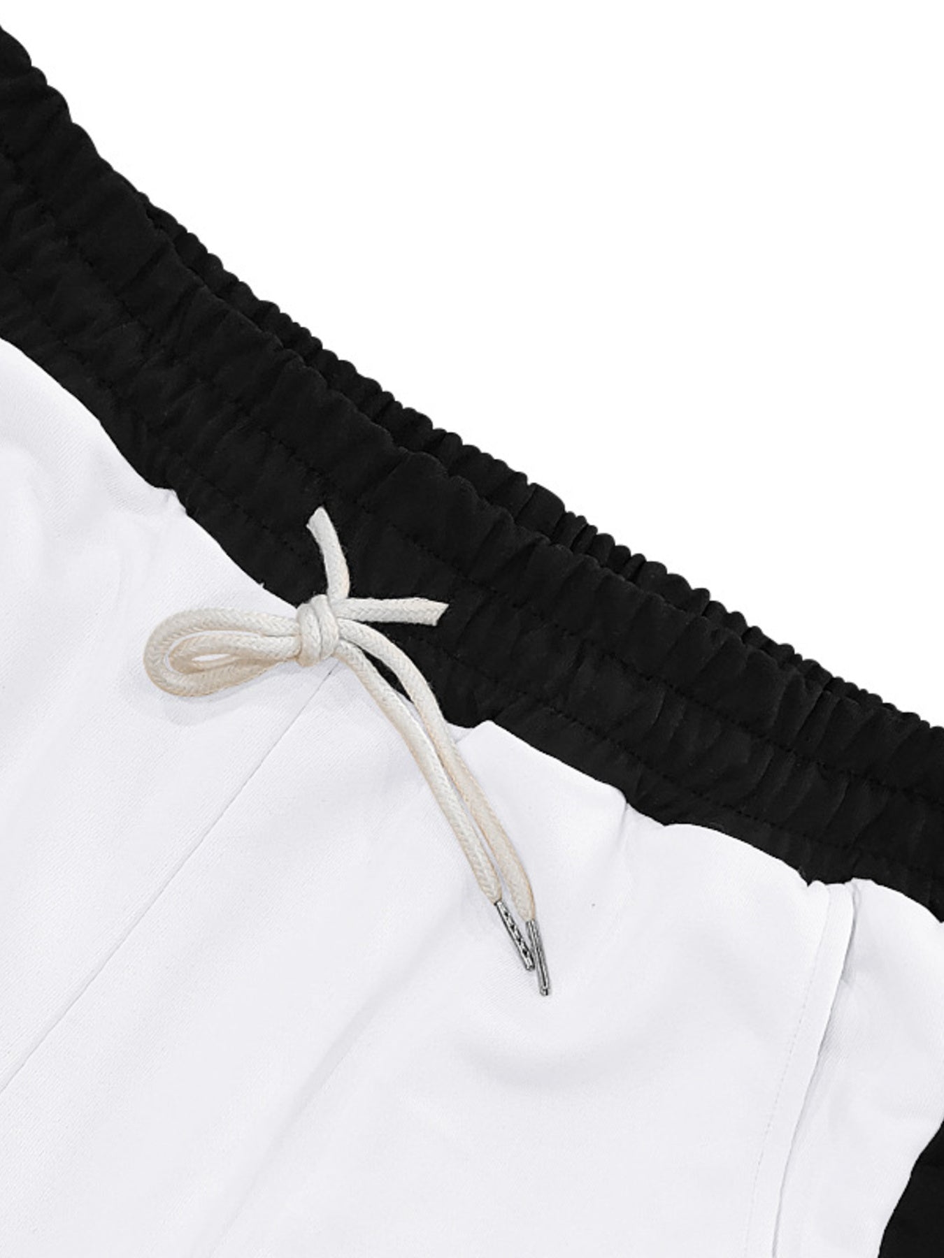 Men's white sweatpants with black waistband and white drawstring detail.