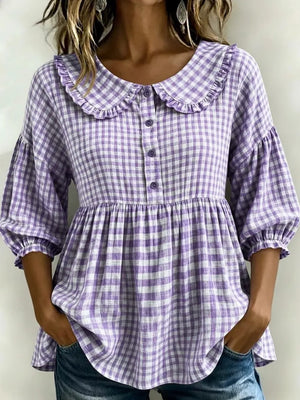 Full Size Gingham Peter Pan Collar Blouse Plus Size, close-up detail