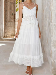 White eyelet lace cami set with tiered skirt and ruffled hem.