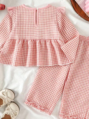 Children's Ruffled Plaid Top And Pants Set in Light Yellow, fabric detail