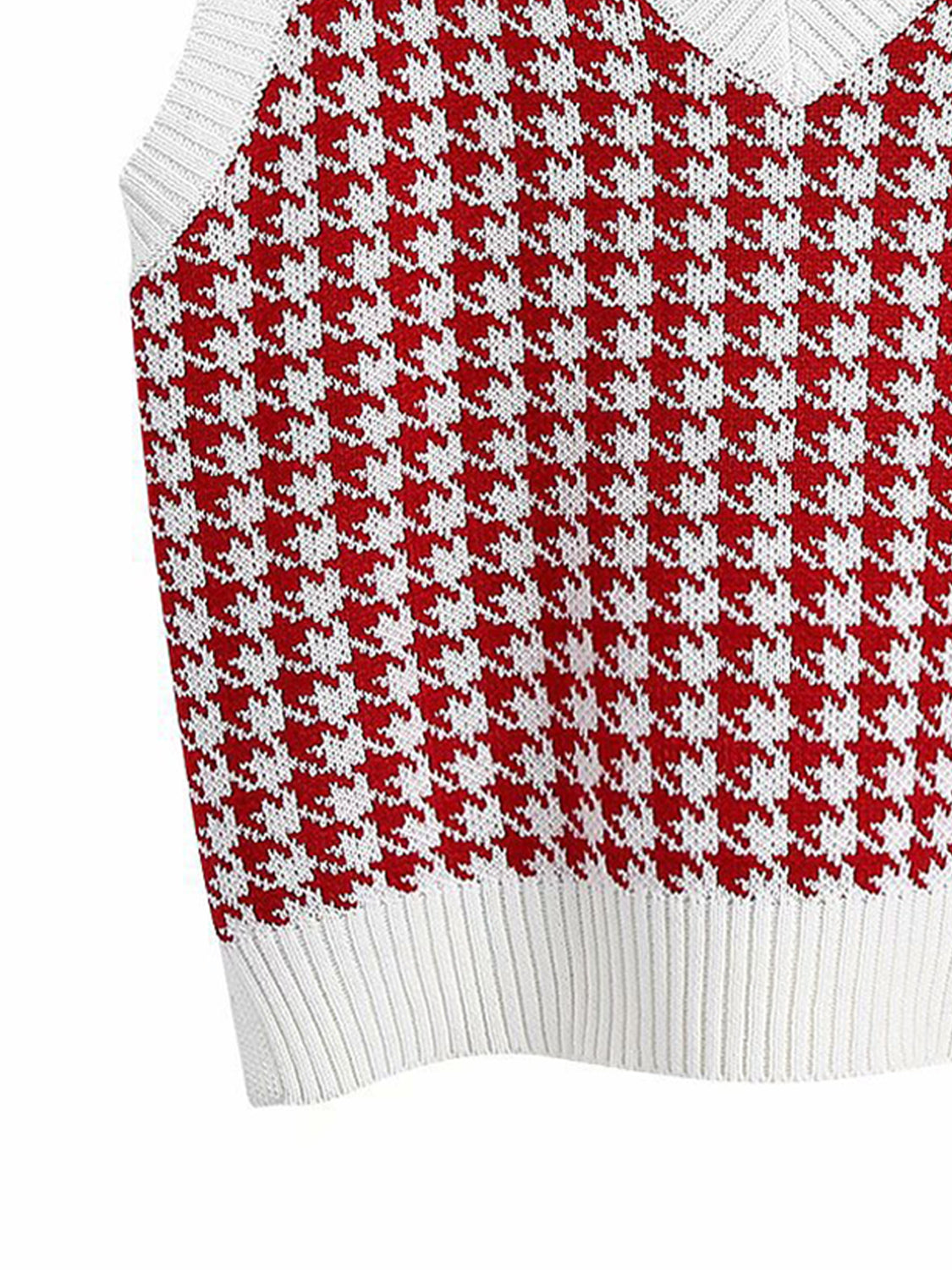 Houndstooth knit V-neck tank top in red and white with ribbed trim.