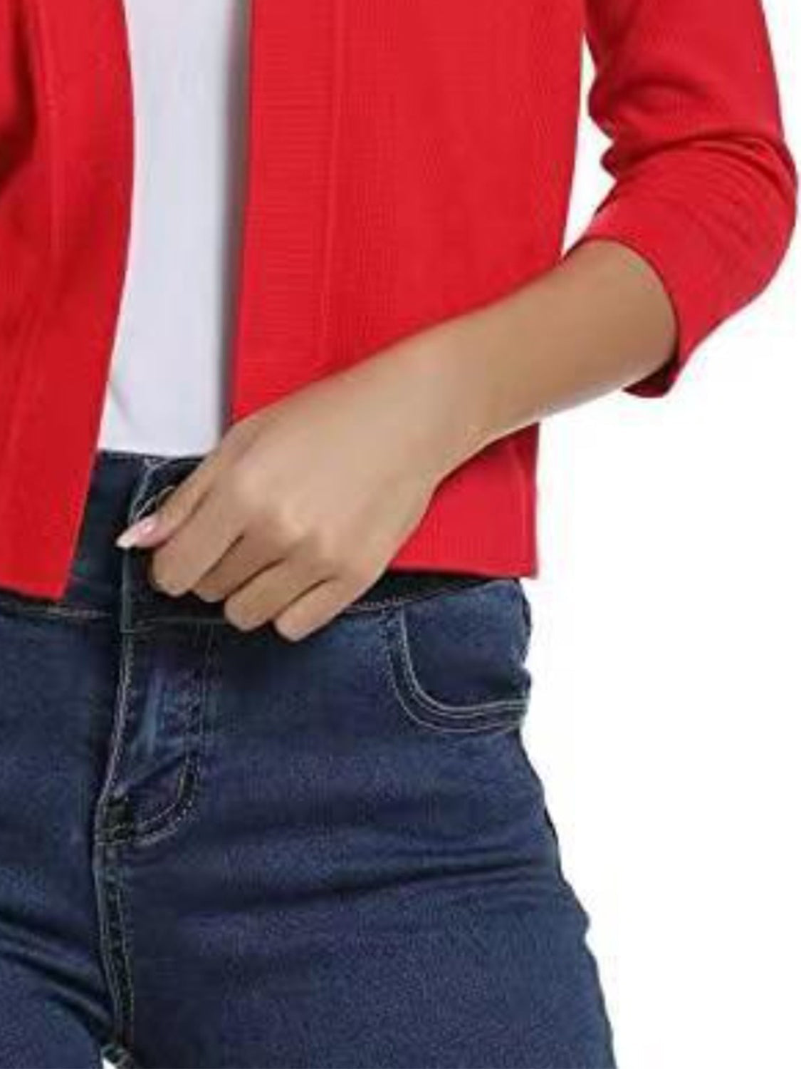 Red cropped elbow-sleeve open-front knit cardigan with ribbed cuffs.