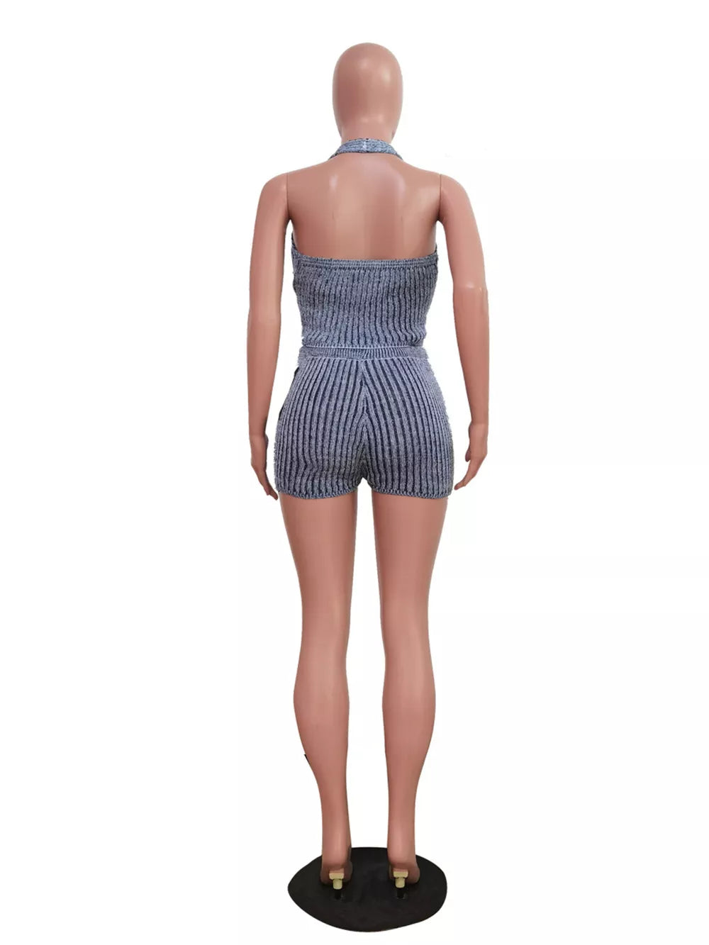 Blue ribbed knit halter top and shorts set with a cut-out detail.
