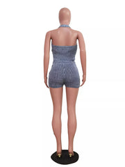 Blue ribbed knit halter top and shorts set with a cut-out detail.
