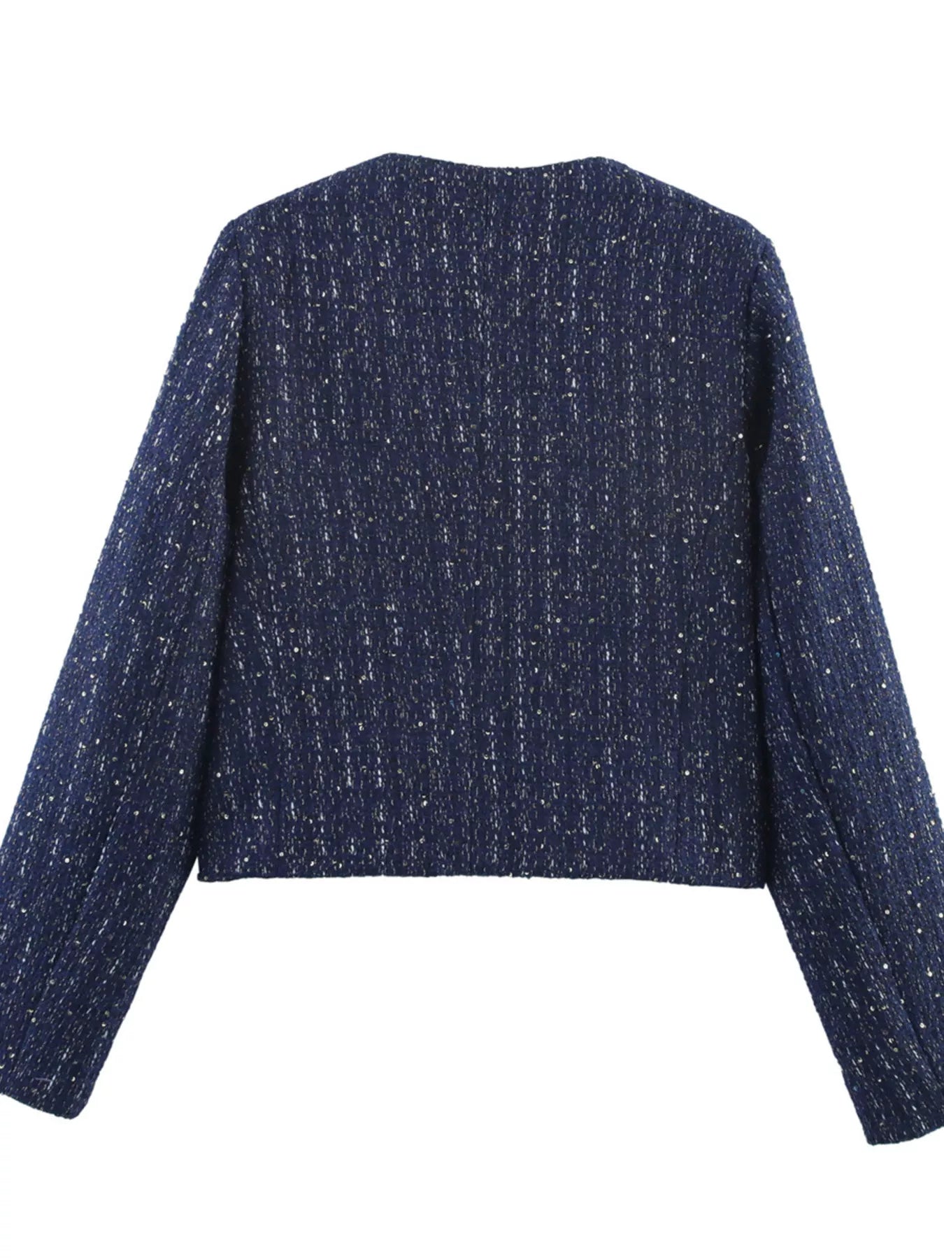 Dark blue cropped tweed jacket with metallic threads and a round neckline.