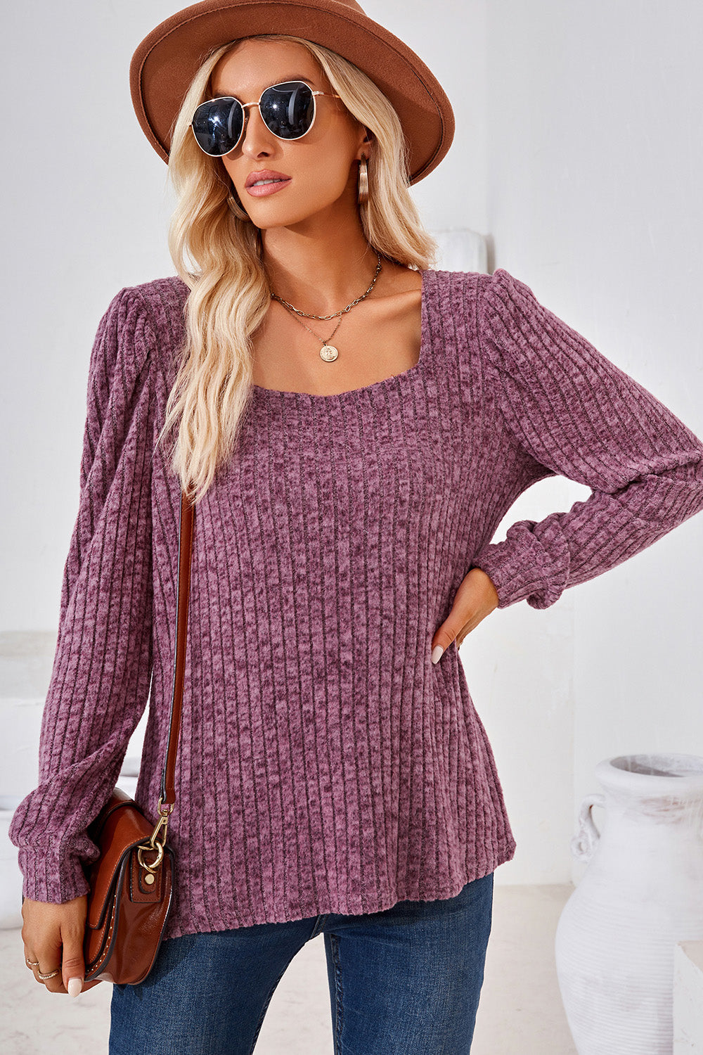 Puffed sleeve ribbed square neck top in red-violet.