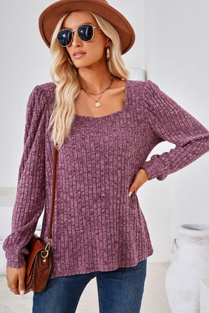 Puffed sleeve ribbed square neck top in red-violet.
