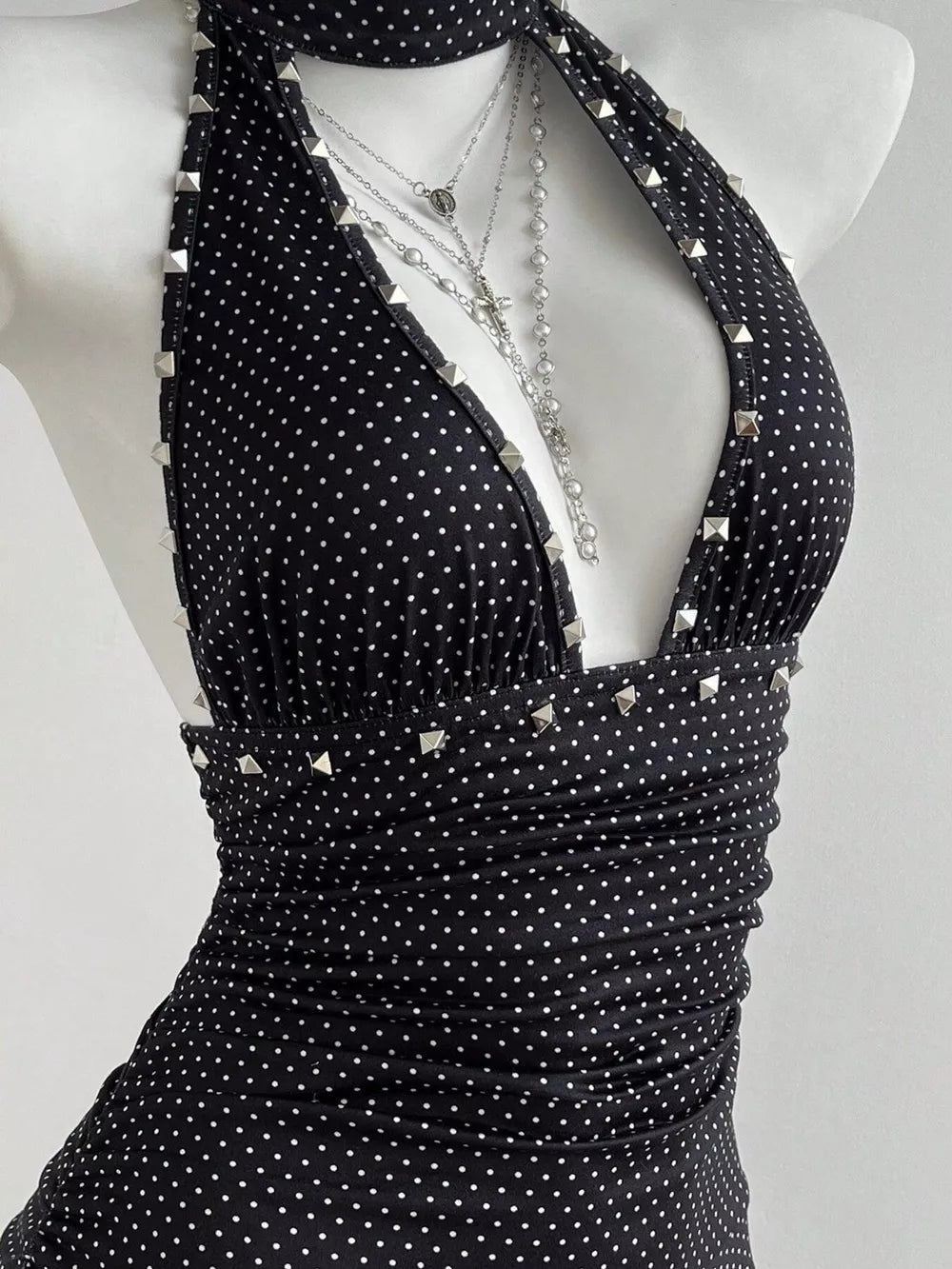 Polka Dot Cutout Front Halter Mini Dress, back view