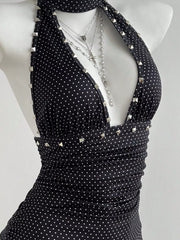 Polka Dot Cutout Front Halter Mini Dress, back view