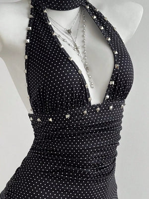 Polka Dot Cutout Front Halter Mini Dress, back view