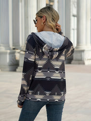 Aztec print zip-up hooded jacket in gray with a boho pattern.