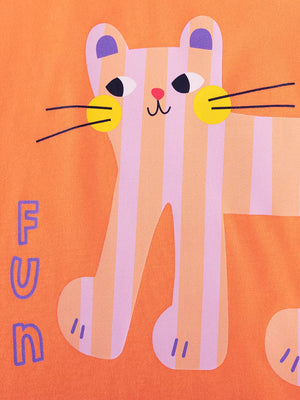 Orange cotton baby tee with playful striped cat graphic and "FUN" text.