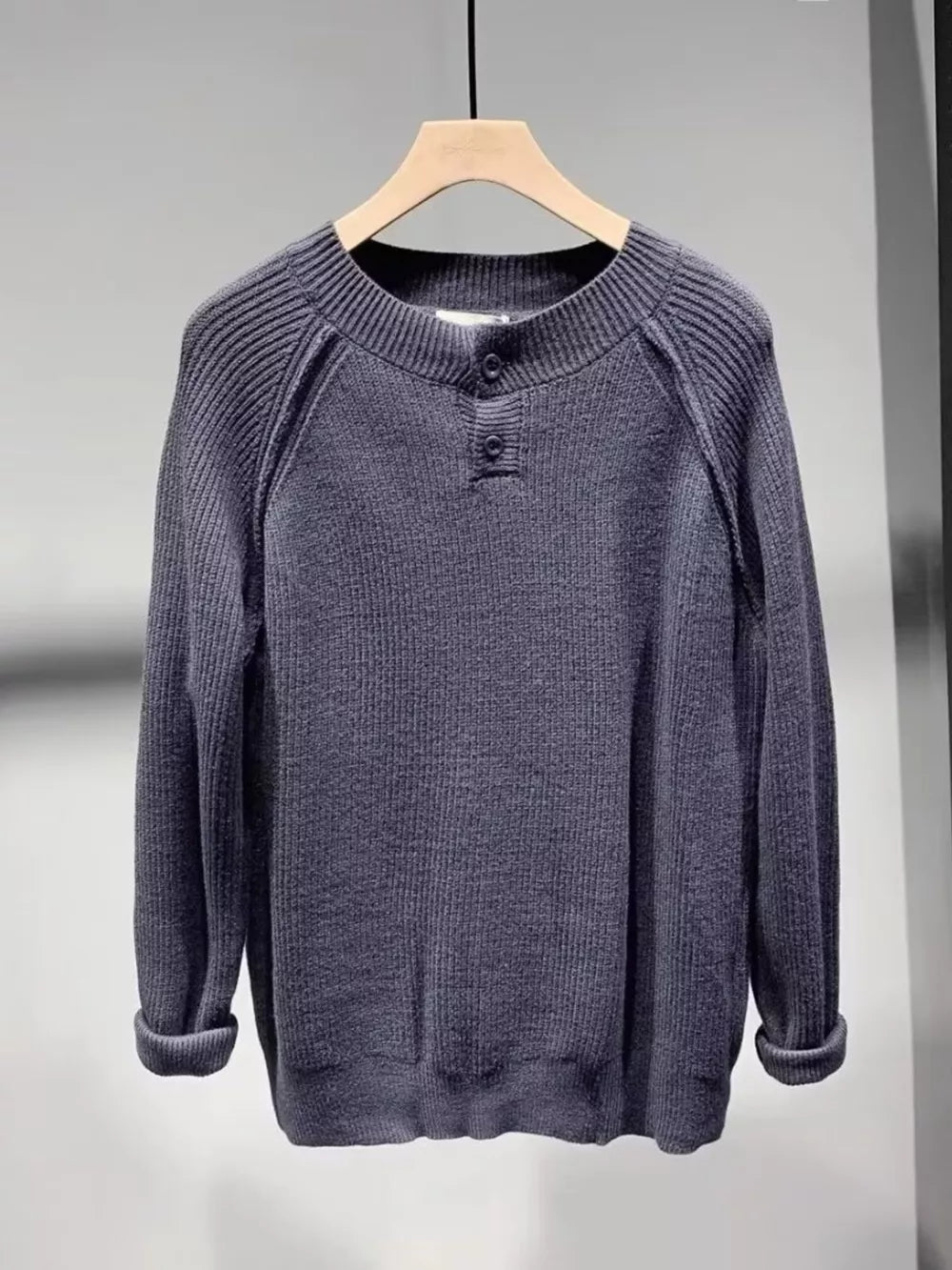 Men's Plus Size Ribbed Raglan Sleeve Knit Top in Black, model styling view