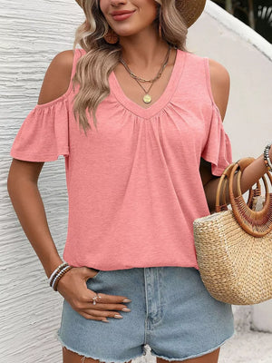 Pink ruched cold shoulder t-shirt with V-neck and flutter sleeves