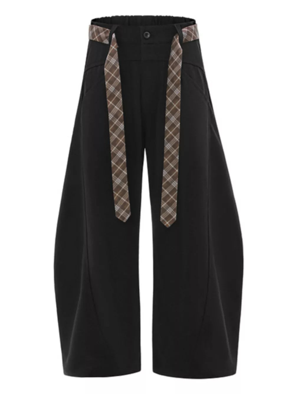 Plaid strap wide-leg sweatpants in black with brown and beige plaid detail.