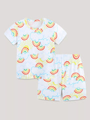 Toddler rainbow cloud print t-shirt and shorts set with sun details.