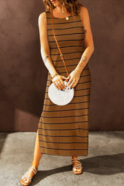 Camel striped maxi dress with side slit, round neck, sleeveless, and slit hem.