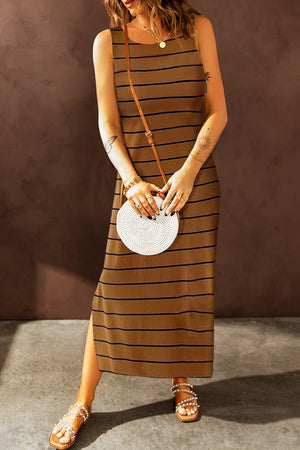 Camel striped maxi dress with side slit, round neck, sleeveless, and slit hem.
