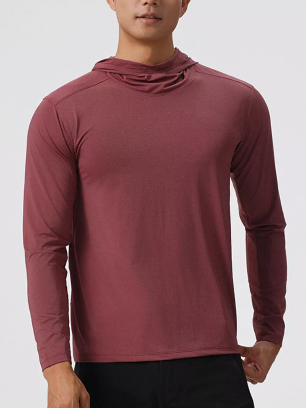Men's long sleeve cotton hoodie in dusty pink with a cowl neck.