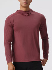 Men's long sleeve cotton hoodie in dusty pink with a cowl neck.