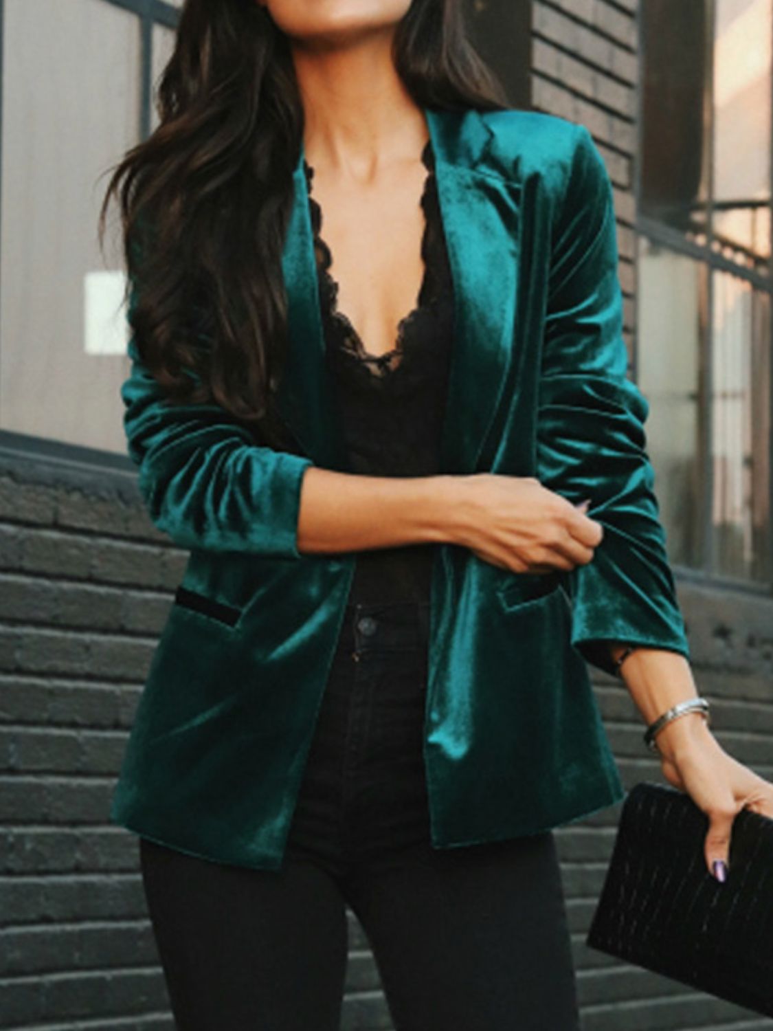 Deep Teal velvet blazer with black trim, open front, and notched lapels.