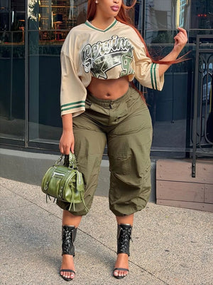 Baggy Cargo Cropped Pants in Army Green, model styling view