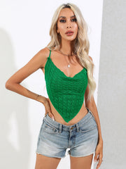 Green cowl neck knit crop top with cable knit detail and handkerchief hem.