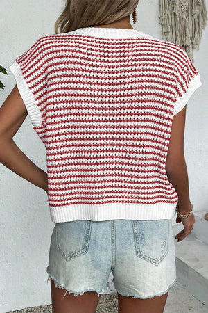 Sleeveless knit tank top with red and white horizontal stripes, crew neck, and acrylic material.