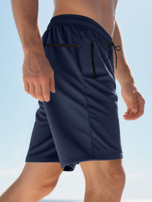 Navy blue casual chino shorts for men with drawstring and zippered pockets.