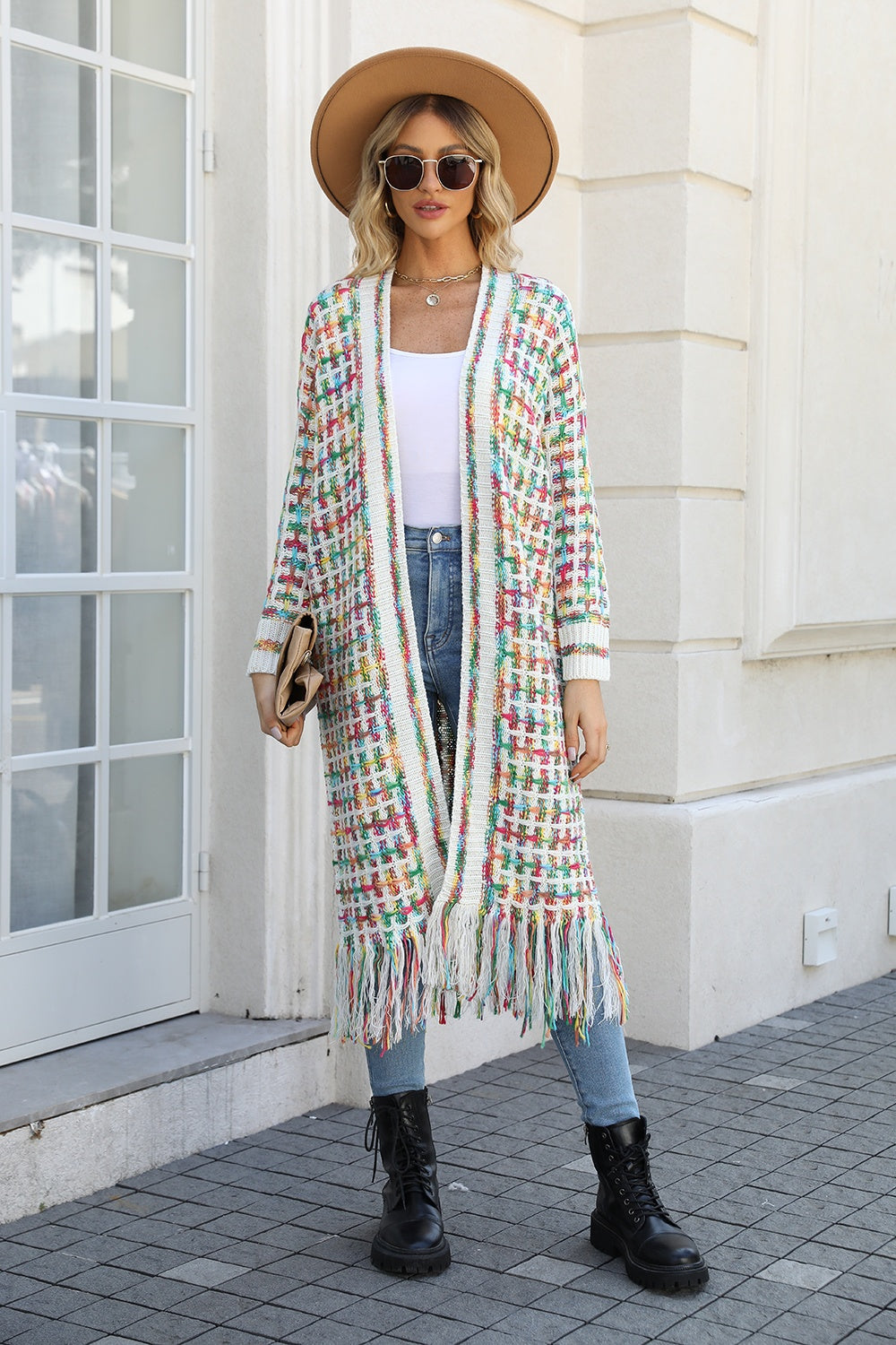 Chromatic crochet maxi cardigan with fringe detail in multi-color acrylic.