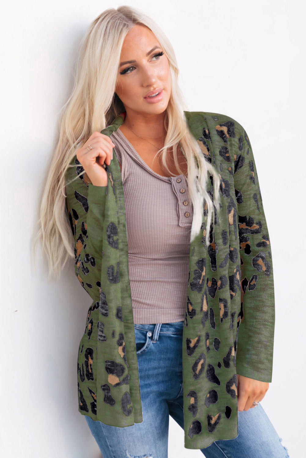 Army green leopard print open-front knit cardigan with long sleeves.