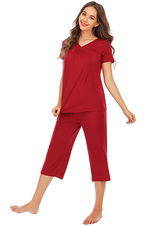 Scarlet loungewear set with gathered V-neck top and capri pants