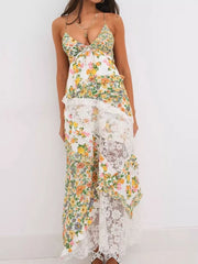 Maxi dress with floral print and white lace asymmetrical hem.