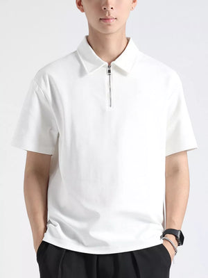 White cotton zippered polo shirt for men with short sleeves and a classic collar.
